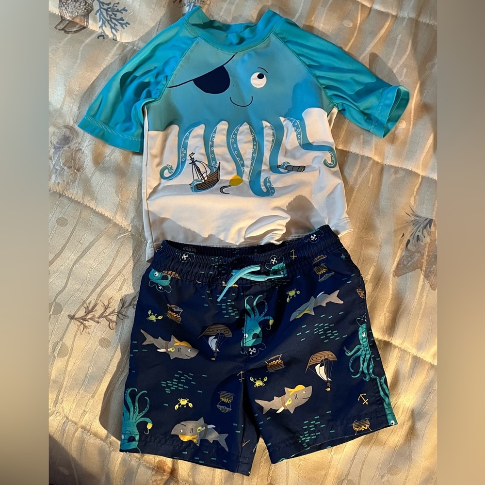 Carters Just One You Toddler Boys Octopus and Friends Rashguard and Swim Trunks